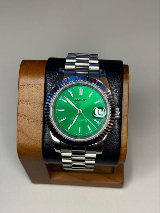 Seiko Mod DateJust: Stainless Steel Emerald Green Dial Stick Markers w/ Presidential Bracelet