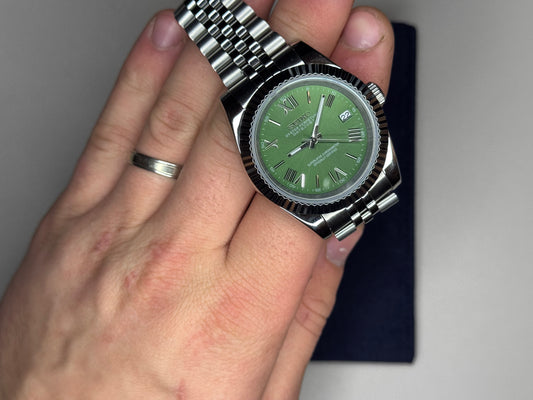 Seiko Mod DateJust: Stainless Steel Green Olive Dial Roman Markers w/ Jubilee Bracelet