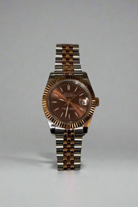 Seiko Mod DateJust: Two Tone Rose Gold Chocolate Dial Stick Markers w/ Jubilee Bracelet