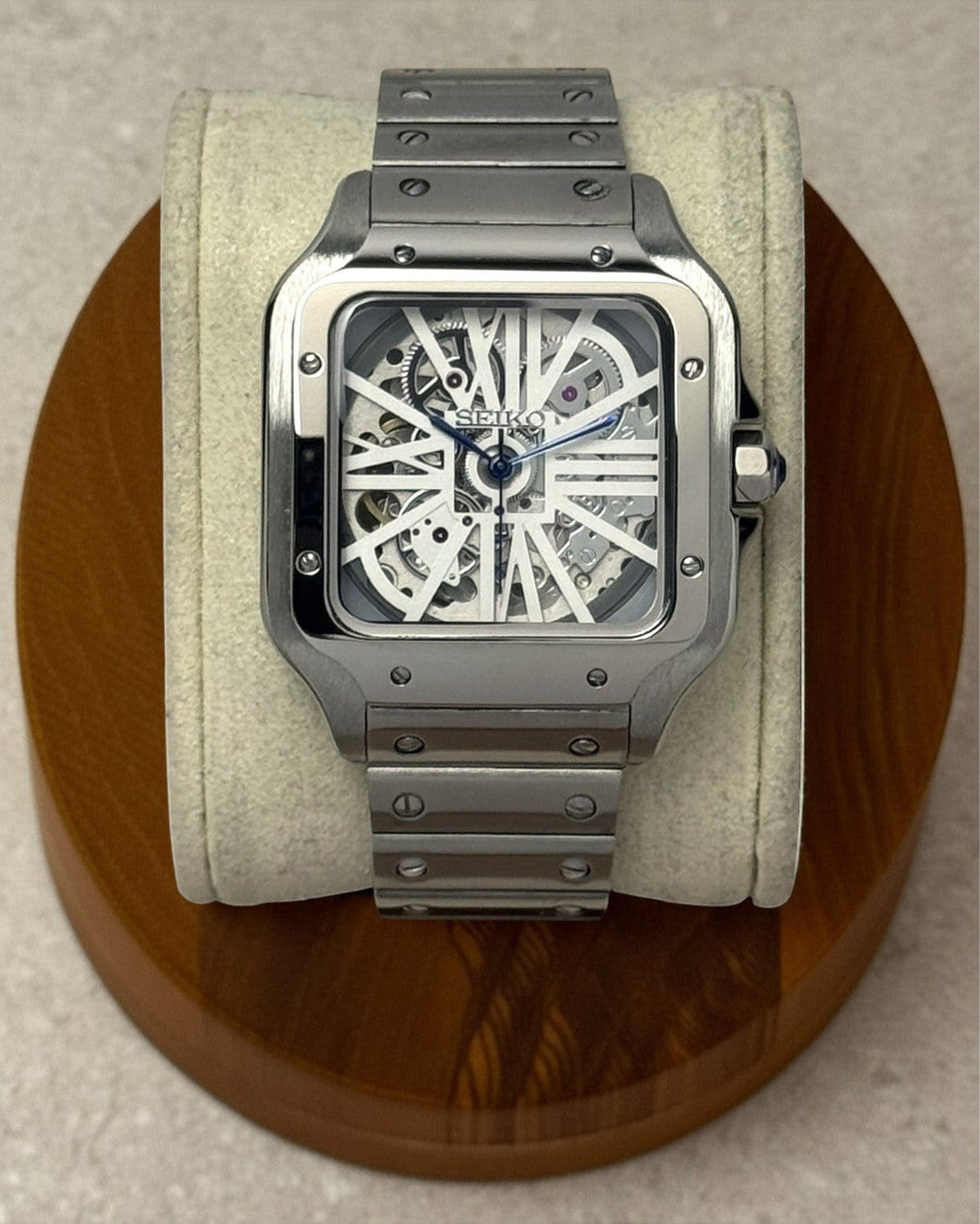 PB TimePiece Aviator Skeleton watch with a 38mm stainless steel case, bracelet, and striking blue hands.