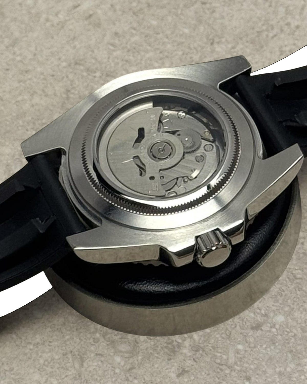 PB TimePiece Yachtmaster Blue Ember watch showing the automatic Seiko NH35 movement through the exhibition case back.