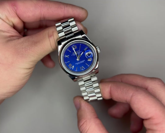 Seiko Mod DateJust: Stainless Steel Blue Dial Roman Markers w/ Presidential Bracelet